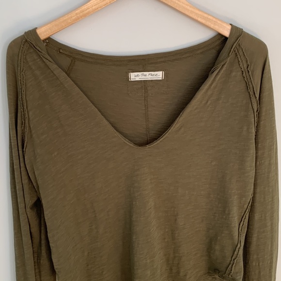 We The Free Split Neck Long Sleeve Cotton Top Olive Green Boho Relaxed Fit - Picture 2 of 10